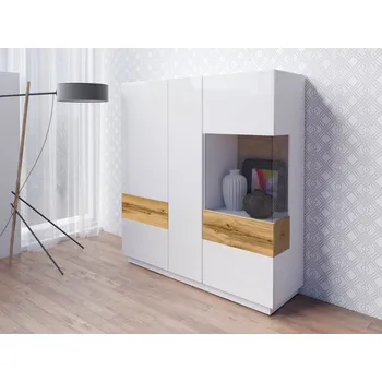 Komoda Vysoká třídveřová komoda SHADI, bílá + dub wotan