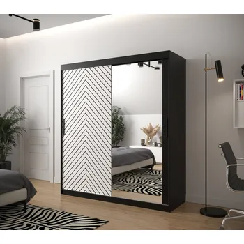 Šatní skříň Skříň s grafikou a zrcadlem JANETTE 3 - šířka 180 cm, černá / bílá