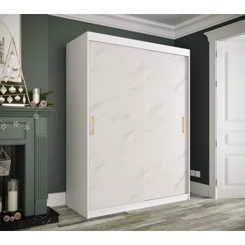 Šatní skříň Skříň s posuvnými dveřmi MAREILLE 1 - šířka 150 cm, bílá / bílý mramor