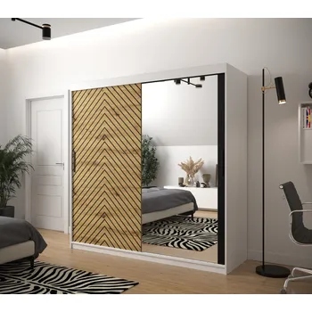 Šatní skříň Skříň s grafikou a zrcadlem JANETTE 3 - šířka 200 cm, bílá / dub artisan / černá