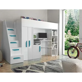 Dětská postel Patrová postel s psacím stolem Klára - bílá/tyrkysové úchyty