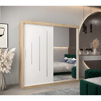 Šatní skříň Šatní skříň se zrcadlem HANAH - šířka 200 cm, dub sonoma / bílá