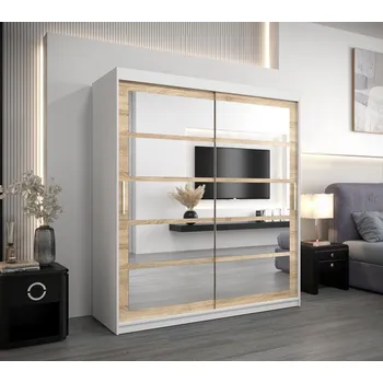 Šatní skříň Skříň s posuvnými dveřmi DANIELA - šířka 180 cm, bílá / dub sonoma