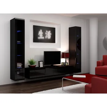 Obývací stěna Obývací stěna s LED bílým osvětlením ASHTON 5 - černá / lesklá černá