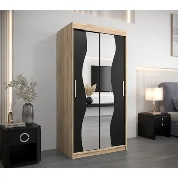 Šatní skříň Šatní skříň se zrcadly XEIE - šířka 100 cm, dub sonoma / černá