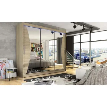 Šatní skříň Vysoká zrcadlová šatní skříň 250 cm HORTENSIA 8 - dub sonoma + RGB osvětlení ZDARMA