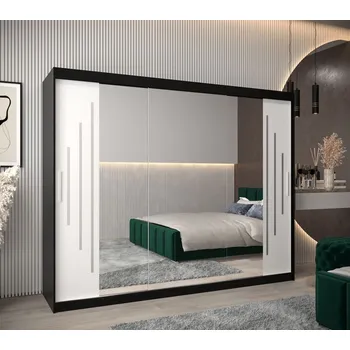 Šatní skříň Šatní skříň se zrcadlem PATRICIE - šířka 250 cm, černá / bílá