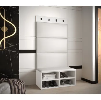 Předsíňová stěna Botník s čalouněnými panely HARRISON - bílý, bílé panely z ekokůže