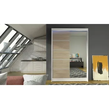 Šatní skříň Posuvná šatní skříň 120 cm se zrcadlem a LED RGB osvětlením SAMANRE 3 - bílá / dub sonoma