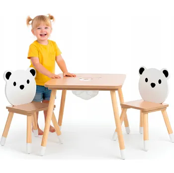 Konferenční stolek Dřevěný stolek s úložným prostorem a 2 židličky Sada pro děti – Roztomilý Medvídek