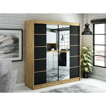Šatní skříň Zrcadlová skříň s posuvnými dveřmi LURDES 6 - šířka 200 cm, dub artisan / černá