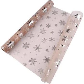 Stuha Vánoční organza s vločkami šíře 50 cm, střední, 1 béžová stříbrná