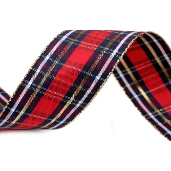 Stuha Károvaná stuha s lurexem a drátem šíře 40 mm, střední, 1 červená zlatá