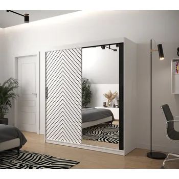 Šatní skříň Skříň s grafikou a zrcadlem JANETTE 3 - šířka 180 cm, bílá