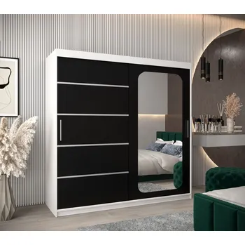 Šatní skříň Zrcadlová skříň DONICELA 3 - 200 cm, bílá / černá
