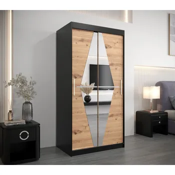 Šatní skříň Šatní skříň se zrcadly REBEKA - šířka 100 cm, černá / dub artisan