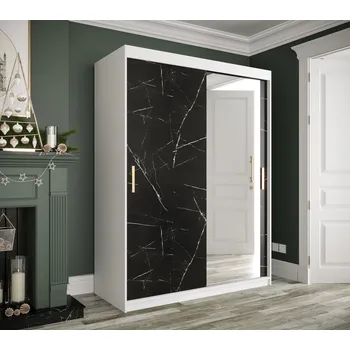 Šatní skříň Zrcadlová skříň s posuvnými dveřmi MAREILLE 3 - šířka 150 cm, bílá / černý mramor