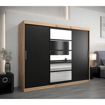 Šatní skříň Skříň s posuvnými dveřmi LILY - šířka 250 cm, dub artisan / černá