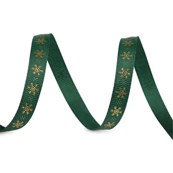 Stuha Vánoční rypsová stuha vločky šíře 10 mm, střední, 6 zelená tmavá zlatá