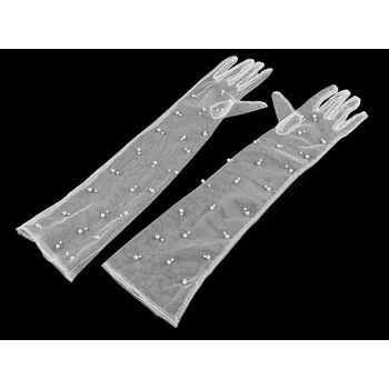 Rukavice Dlouhé společenské rukavice tylové s perlami, velké, 1 bílá