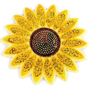 Textilní nažehlovací páska Nažehlovačka slunečnice s flitry, střední, žlutá