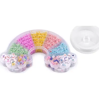 Dětské navlékací korálky Sada korálků v boxu duha s návlekovým materiálem, střední, viz foto