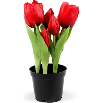 umělá květina Umělé tulipány v květináči, střední, 5 (21cm) červená