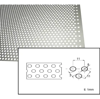 Plech Plech děrovaný 1 mm kruhový otvor 8 mm předsazená rozteč 11 mm (1×2 m)