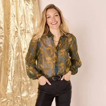 Dámská halenka Voálová halenka s potiskem a metalickými vlákny khaki/modrá 50