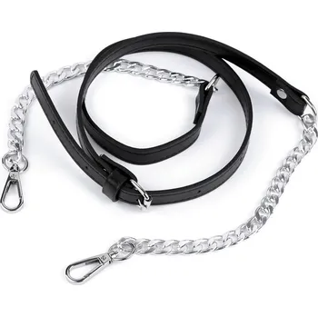 Koženkový popruh / ucho na kabelku s řetízkem a karabinami šíře 1,5 cm, střední, 1 černá nikl