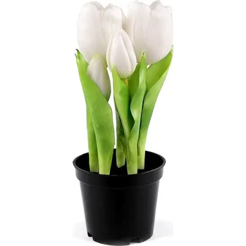 umělá květina Umělé tulipány v květináči, střední, 1 (21cm) bílá