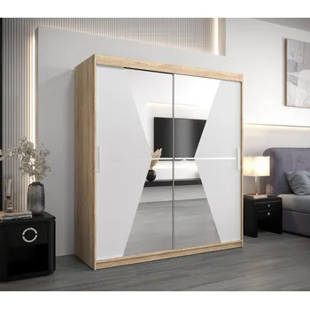 Šatní skříň Skříň s posuvnými dveřmi MILANA - šířka 180 cm, dub sonoma / bílá