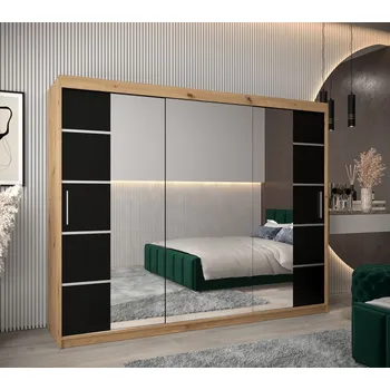 Šatní skříň Skříň se zrcadly VIVIEN - šířka 250 cm, dub artisan / černá