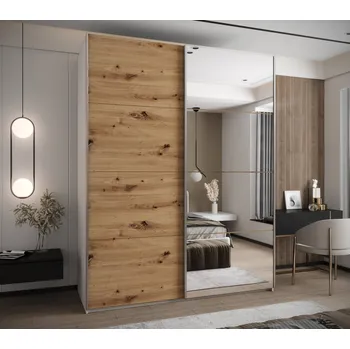 Šatní skříň Dvoudveřová skříň SAMARA 3 - 200 cm, bílá / dub artisan / stříbrná