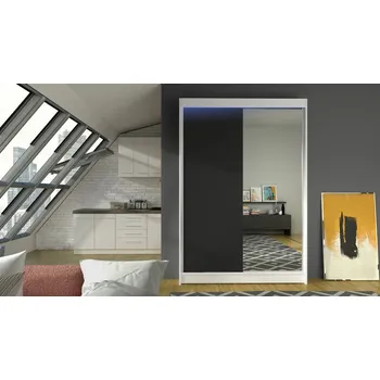 Šatní skříň Posuvná šatní skříň 120 cm se zrcadlem a LED RGB osvětlením SAMANRE 1 - bílá / černá