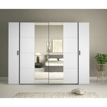 Šatní skříň Zrcadlová šatní skříň 270 cm GIRADOT - bílá / černé úchyty