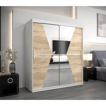 Šatní skříň Skříň s posuvnými dveřmi MILANA - šířka 180 cm, bílá / dub sonoma