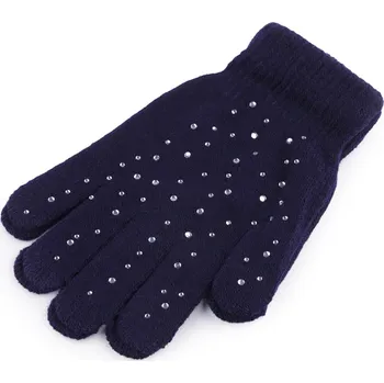 Rukavice Dámské / dívčí pletené rukavice s kamínky, velké, 5 modrá tmavá