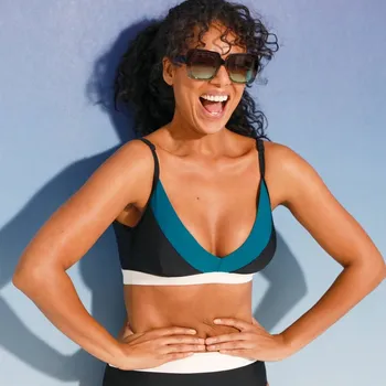 Dámské plavky Plavková podprsenka s colorblock designem, pevné košíčky černá/smaragdová 42