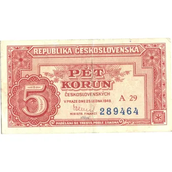 ČESKOSLOVENSKO. 5 korun 1949. Série A 29. Hej. 83a2.