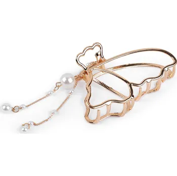 Náramek Skřipec do vlasů kovový s perlovým přívěskem, střední, 4 zlatá motýl