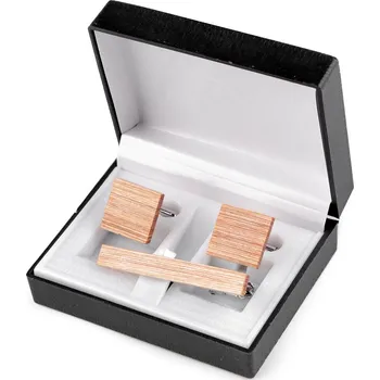 Manžetový knoflíček Dřevěné manžetové knoflíky a kravatová spona v dárkové krabičce, velké, 1 přírodní stř.