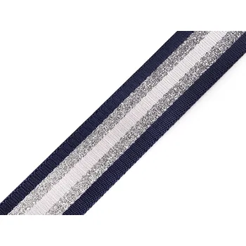 Hladký oboustranný popruh s lurexem šíře 38 mm, střední, 7 modrá tmavá stříbrná