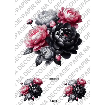 Umělecký papír Rýžový a soft papír na decoupage - Pivoňka černá růžová - KB4428 Materiál: Soft, Rozměr: A4
