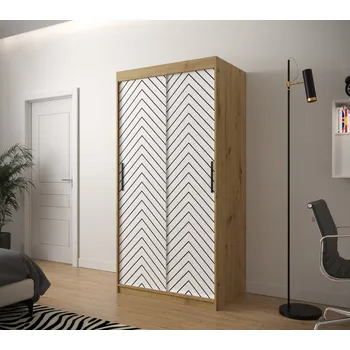 Šatní skříň Šatní skříň s grafikou JANETTE 2 - šířka 100 cm, dub artisan / bílá