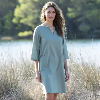 Dámské šaty Rovné šaty s kapsami ze směsi bavlny a lnu šedozelená 48