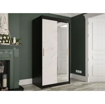 Šatní skříň Úzká šatní skříň 100 cm se zrcadlem CARSON 4 - bílý mramor / černá / zlatá