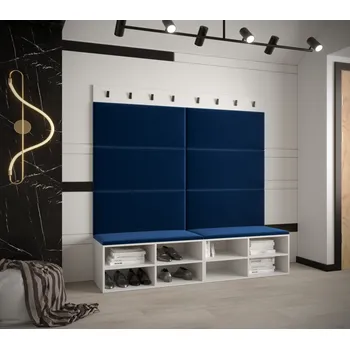 Předsíňová stěna Široký botník s čalouněnými panely HARRISON - bílý, modré panely