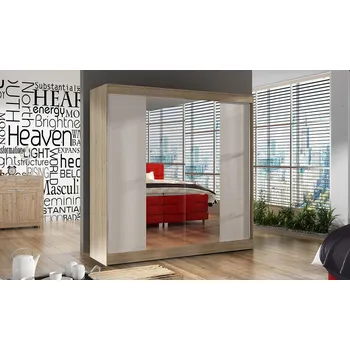 Šatní skříň Prostorná šatní skříň 200 BULAN II, dub Sonoma s bílými dveřmi a zrcadlem