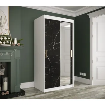 Šatní skříň Zrcadlová skříň s posuvnými dveřmi MAREILLE 3 - šířka 100 cm, bílá / černý mramor